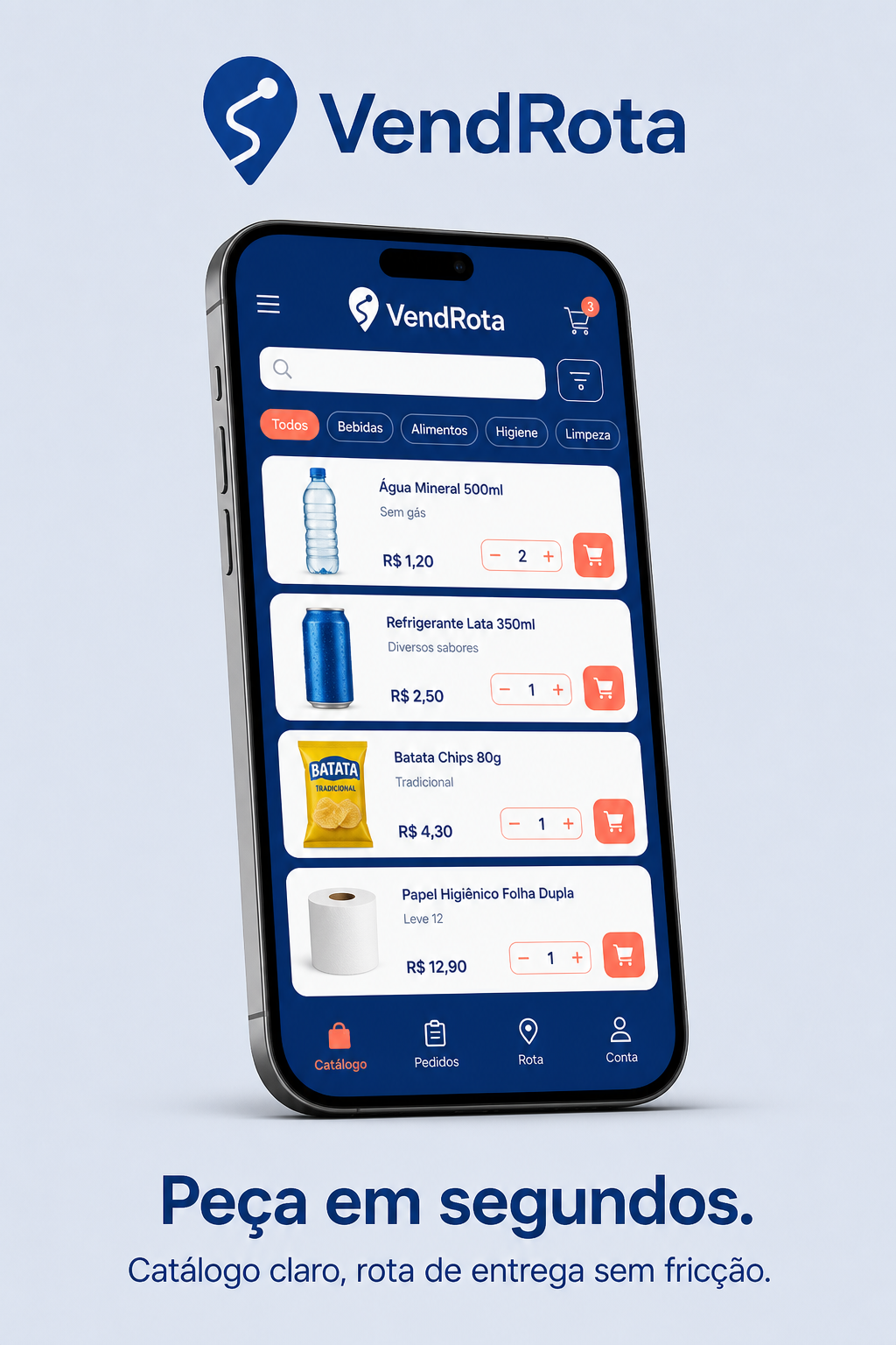 Tela do catálogo VendRota no celular com produtos organizados, preços e carrinho