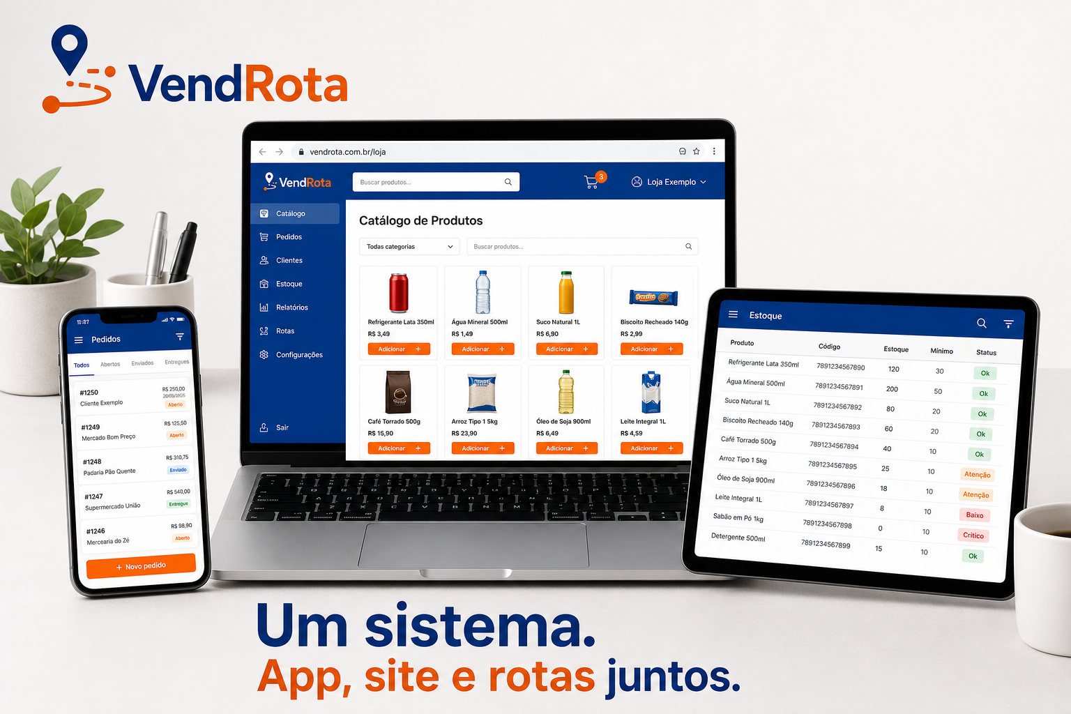 VendRota funcionando em celular, tablet e computador — catálogo e painel integrados